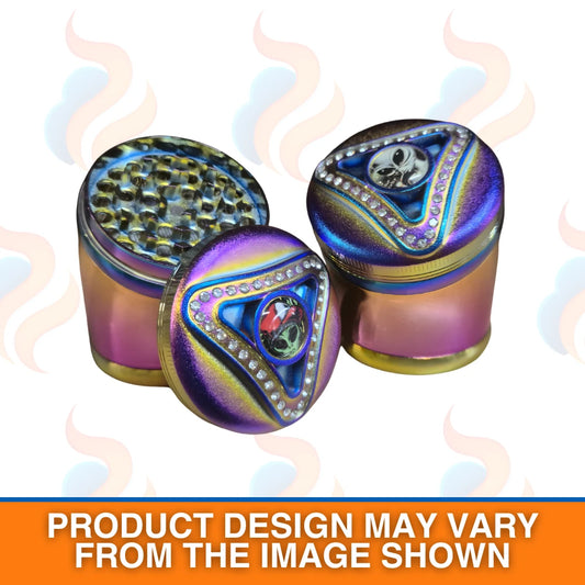 Colourful grinder with intricate designs on a white background