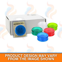 Colourful magnetic grinders with a box labelled 'Magnetic No. 1' on a white background.