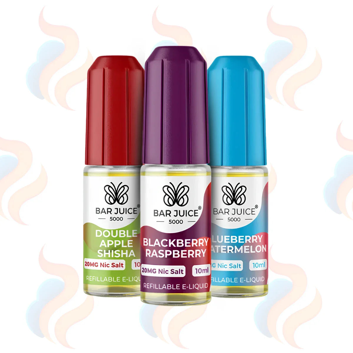 Three bottles of Bar Juice 5000 e-liquid in red, purple, and blue with colourful labels on a white background.