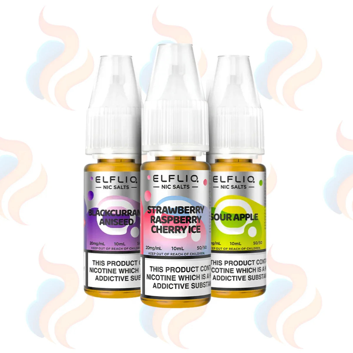 Three bottles of Elfliq 10mg nicotine salts on a white background with colourful labels.