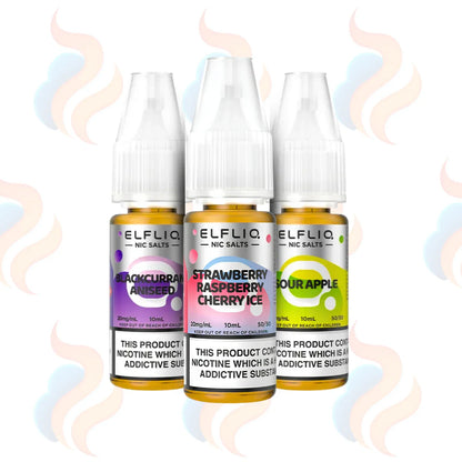 Three bottles of Elfliq 10mg nicotine salts on a white background with colourful labels.
