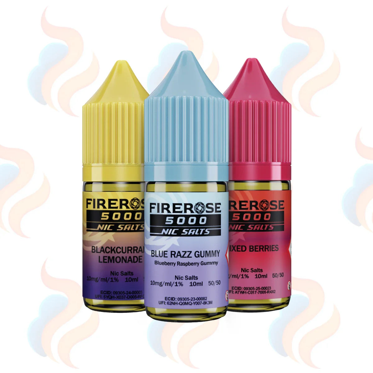 Three bottles of Elux Firerose 5000 nic salts in 10mg strength on a white background.