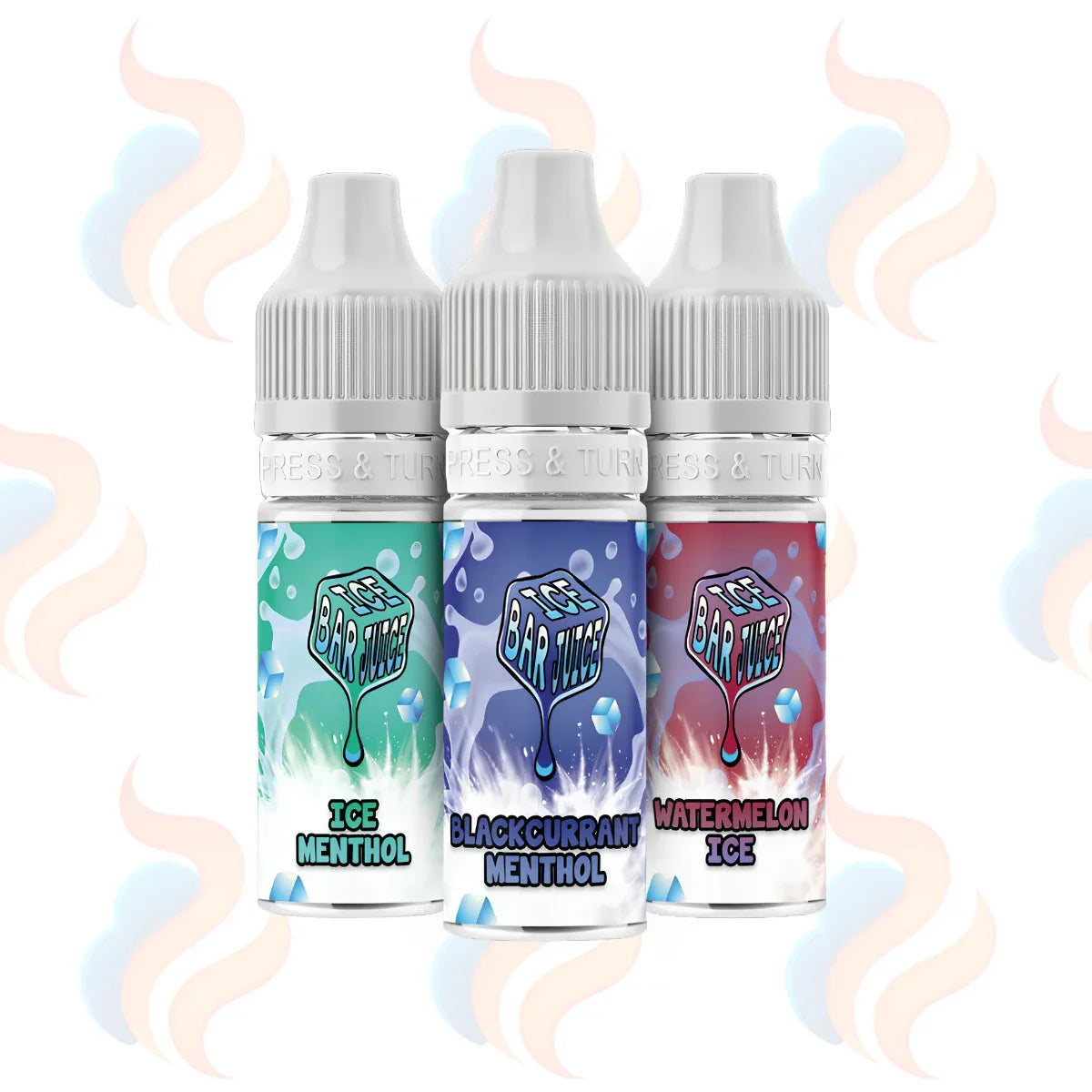 Three bottles of Ice Bar Juice Nic Salt e-liquids in 10mg strength on a white background.