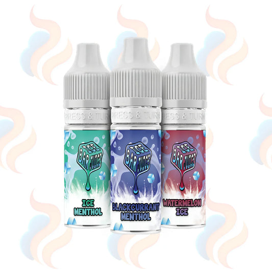Three bottles of Ice Bar Juice Nic Salt e-liquids in 10mg strength on a white background.