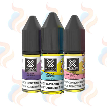 Three bottles of Vaporlax e-liquid with colourful labels on a white background.