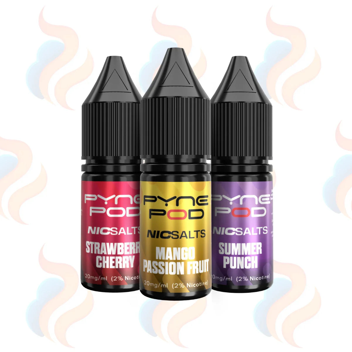 Three Pyne Pod Nic salts e-liquid bottles with black caps, shown against a white background with soft pastel wavy graphics. The bottles are labelled Strawberry Cherry, Mango Passion Fruit, and Summer Punch.