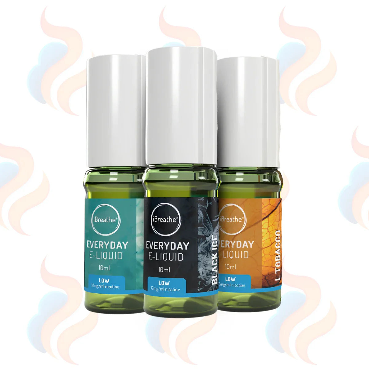 Three bottles of iBreathe everyday e-liquids in 12mg low strength on a white background.