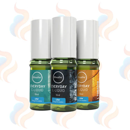 Three bottles of iBreathe everyday e-liquids in 12mg low strength on a white background.