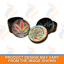 Black herb grinder with colourful designs on a white background