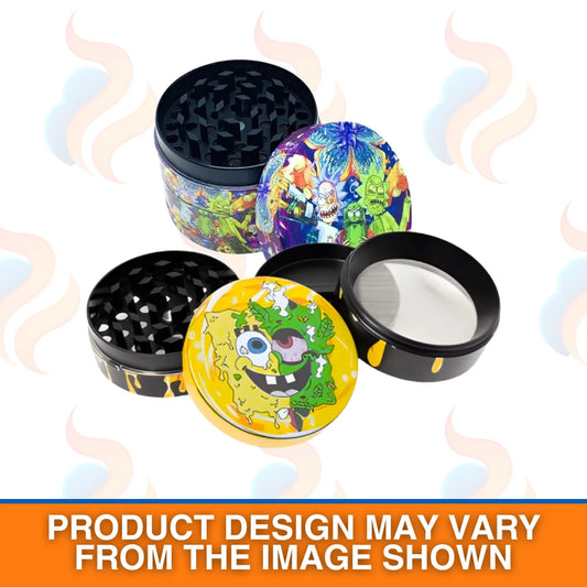 Colourful herb grinder with cartoon character design on a white background