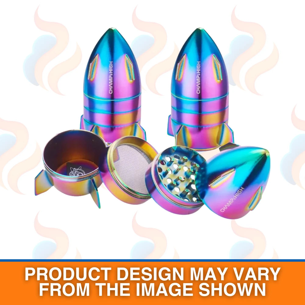 Colourful rocket-shaped grinder with open lid on a white background