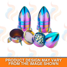 Colourful rocket-shaped grinder with open lid on a white background