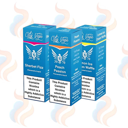 Three boxes of City Vape 30/70 freebase flavoured e-liquids in 18mg on a white background
