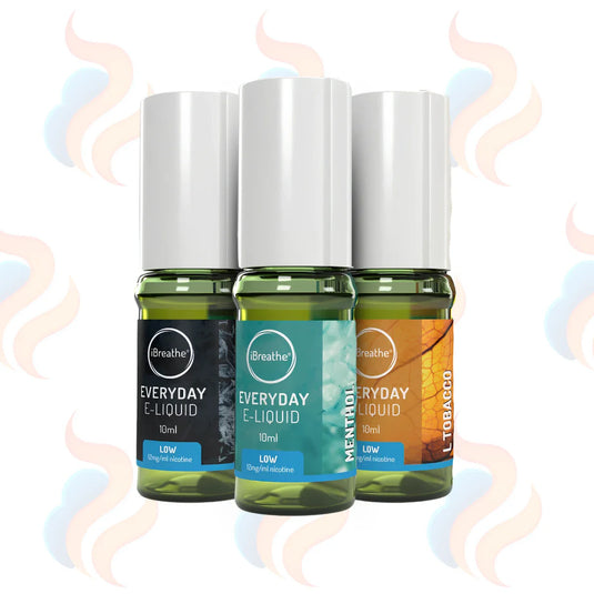 Three bottles of iBreathe everyday e-liquids in 18mg medium strength on a white background.