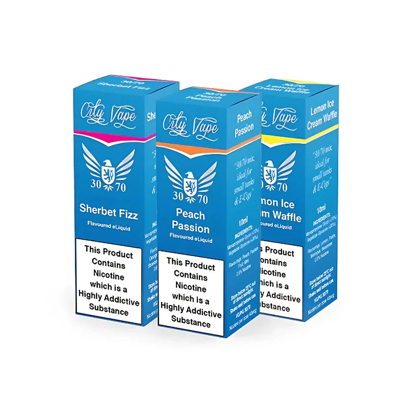 Three boxes of City Vape e-liquid with different flavors on a white background
