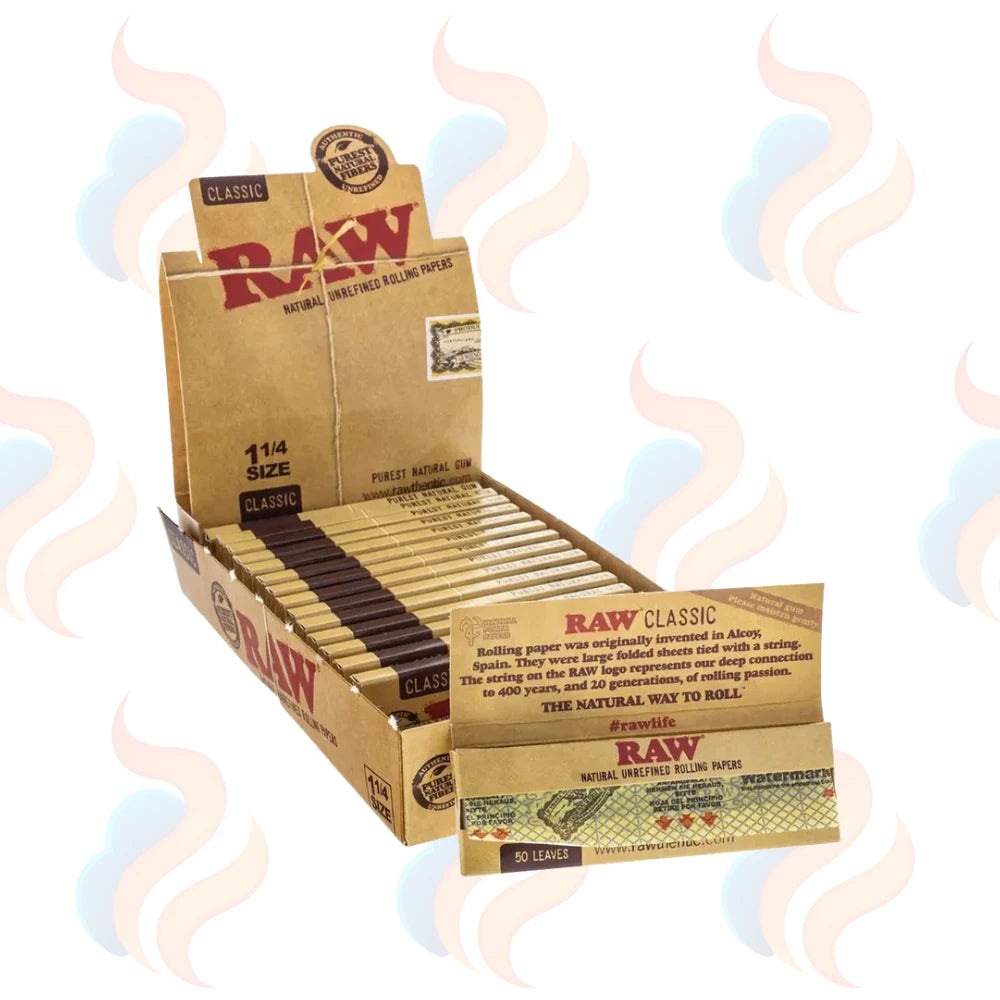 Box of 24 Raw rolling papers 1 1/4 on a white background