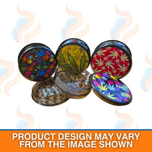 Colourful Fizz herb grinder with leaf patterns on a white background