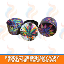 Colourful cannabis leaf design on a metal grinder with smoke effects on a white background.