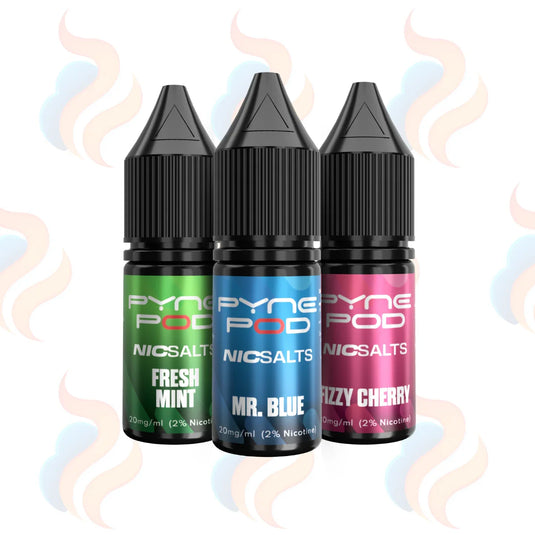 Three small Pyne Pod Nic Salts e-liquid bottles on a white background with soft pastel smoke graphics. The bottles are black with ribbed caps and have green, blue, and pink labels labelled Fresh Mint, Mr.