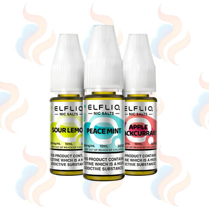 Three bottles of Elfliq 20mg nicotine salts on a white background with colourful labels.