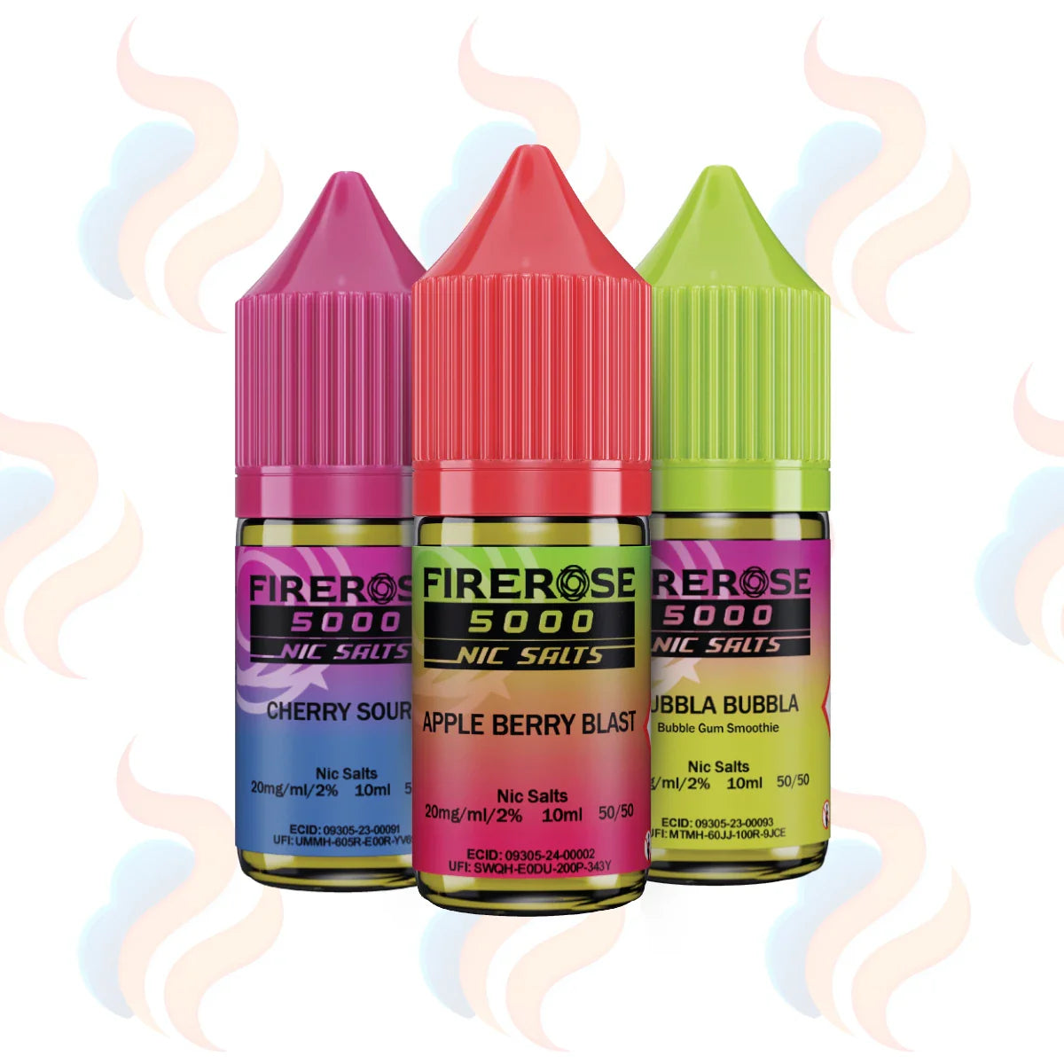 Three bottles of Elux Firerose 5000 nic salts in 20mg strength on a white background.