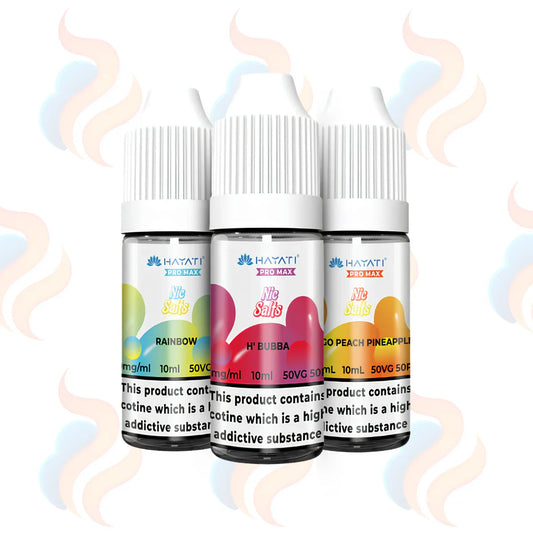 Three bottles of Hayati Pro Max Nic Salts in 20mg strength on a white background.