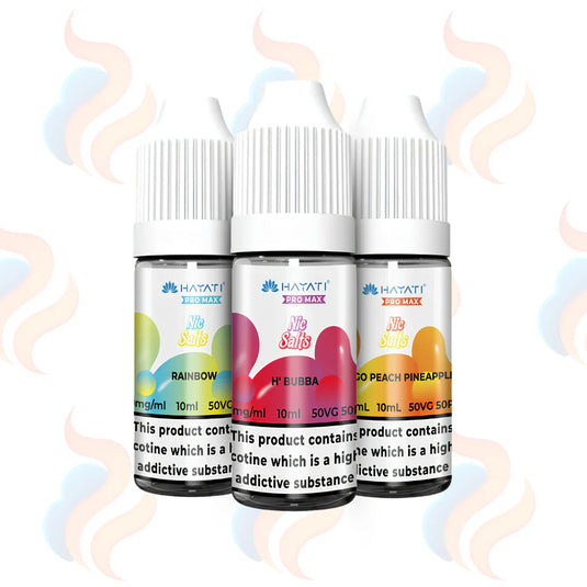 Three bottles of Hayati Pro Max Nic Salts in 20mg strength on a white background.