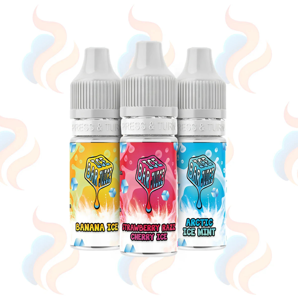 Three bottles of Ice Bar Juice Nic Salt e-liquids in 20mg strength on a white background.