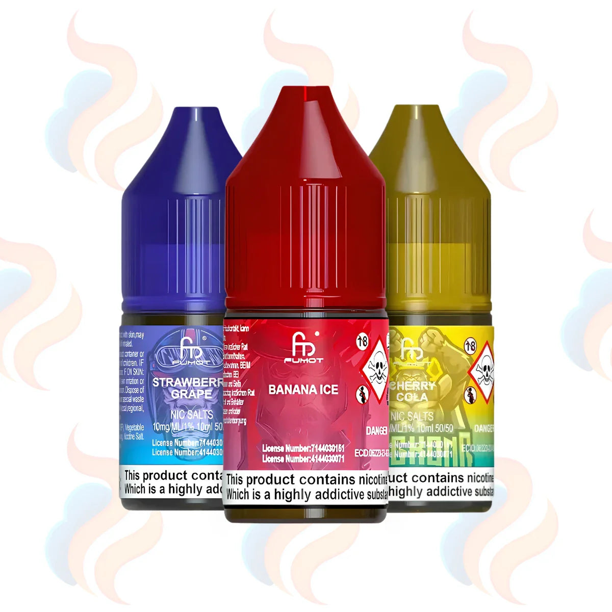 Three bottles of R&M Tornado 7000 nic salt e-liquids in 20mg nicotine strength on a white background.