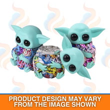 Two turquoise baby Yoda figures holding a colourful jar on a white background with text indicating product design may vary.