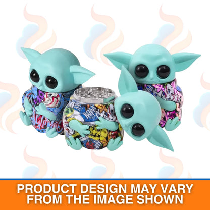 Two turquoise baby Yoda figures holding a colourful jar on a white background with text indicating product design may vary.