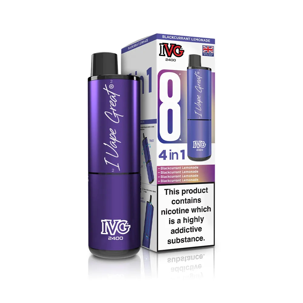 Purple IVG vape device with packaging on a white background