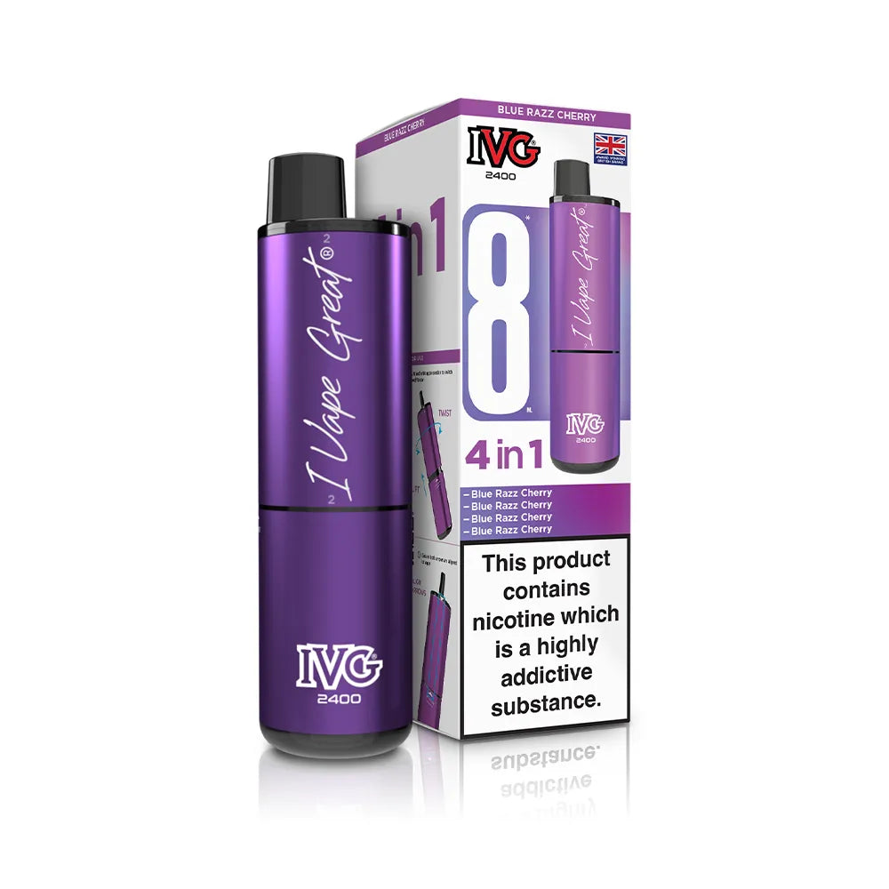Purple vape device with packaging labeled 'IVG' on a white background