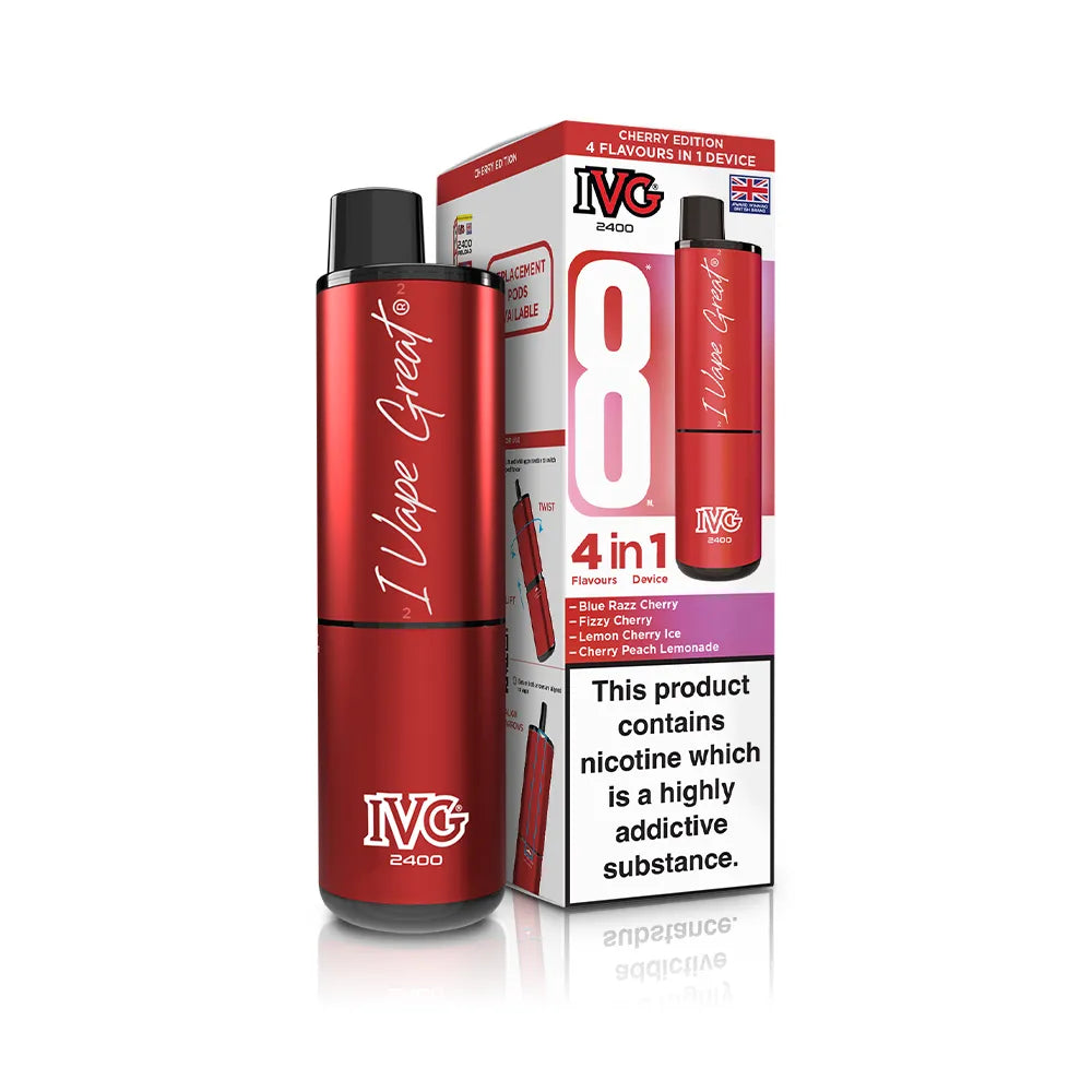 Red IVG vaping device with packaging on a white background