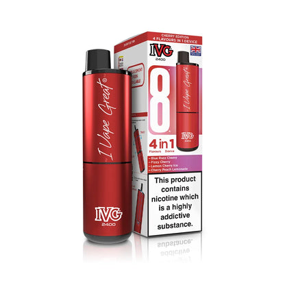 Red IVG vaping device with packaging on a white background