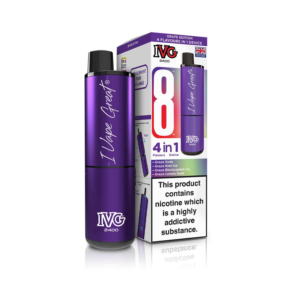Purple IVG vape device with packaging on a white background