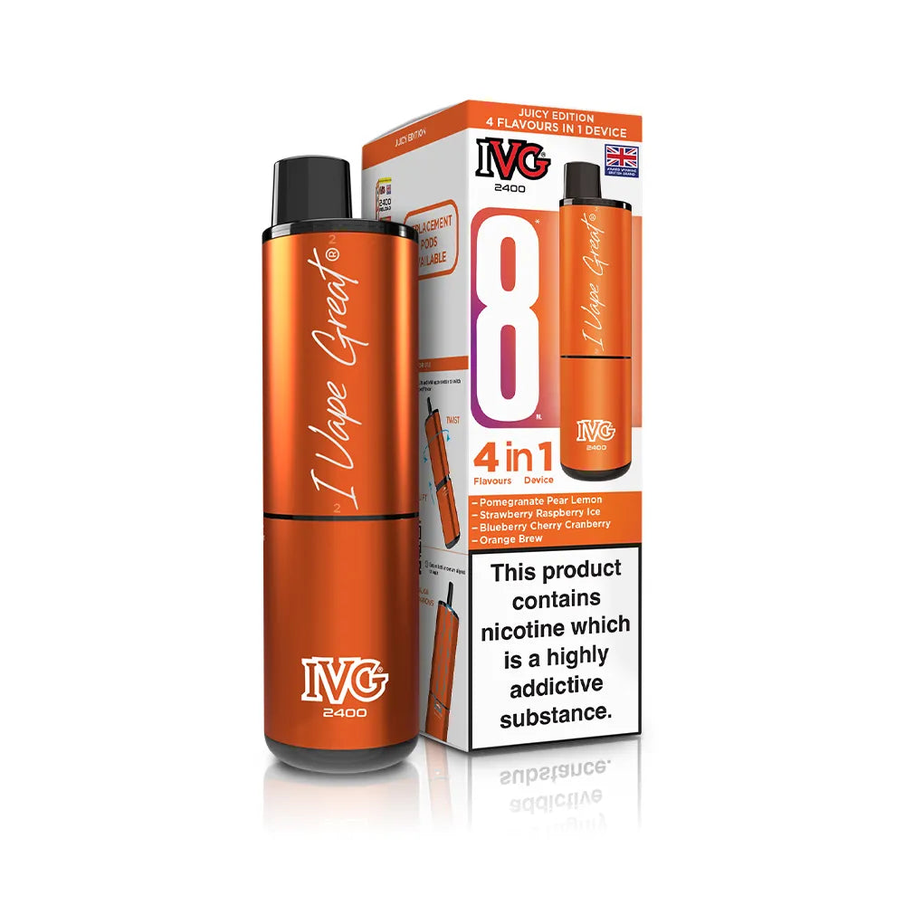 Orange IVG vape device and packaging on a white background