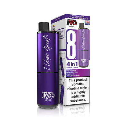 Purple IVG vape device and packaging on a white background