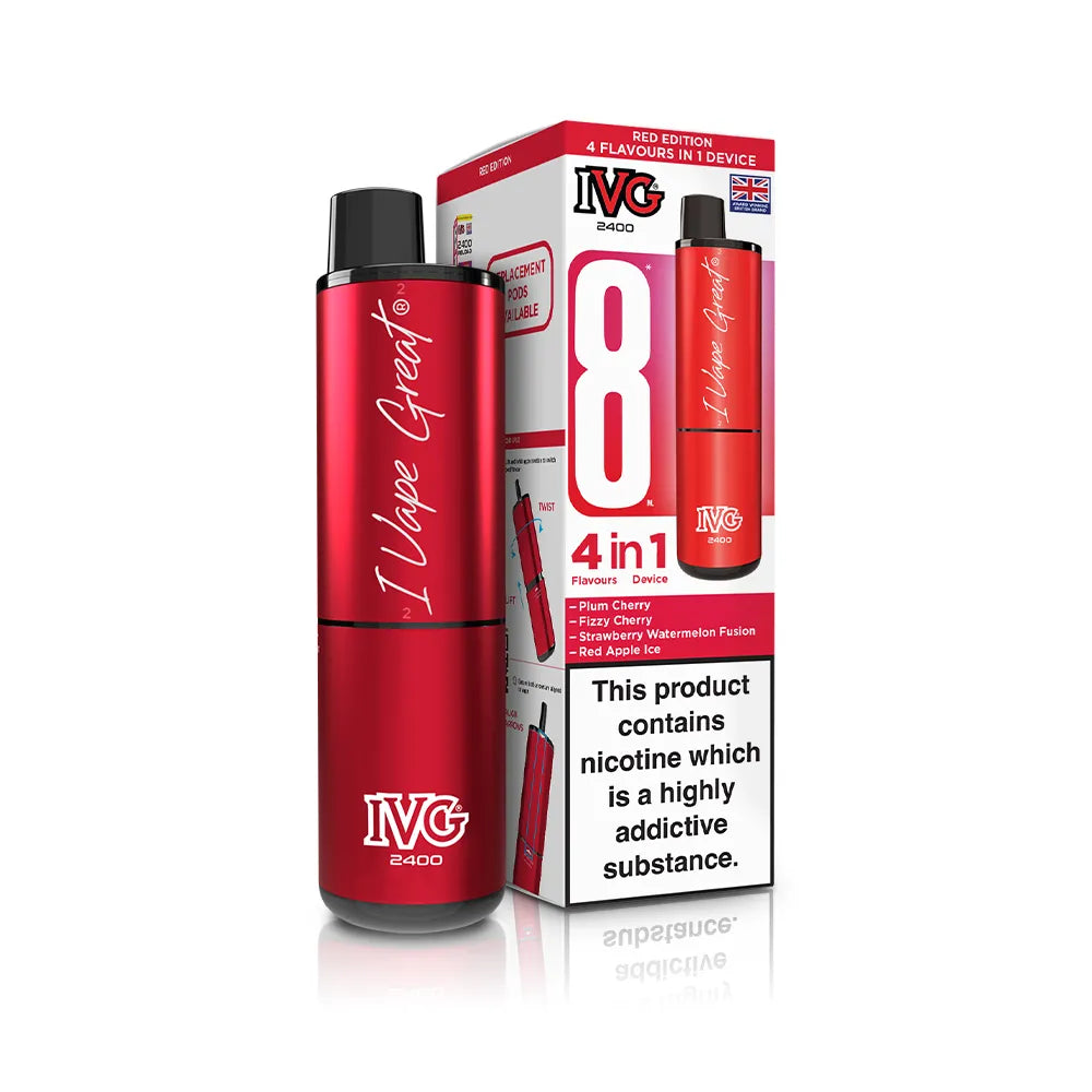 Red IVG vape device and packaging on a white background
