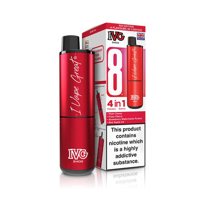 Red IVG vape device and packaging on a white background