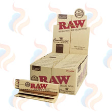 Box of 24 Raw rolling papers with pre-rolled tips packaging on a white background