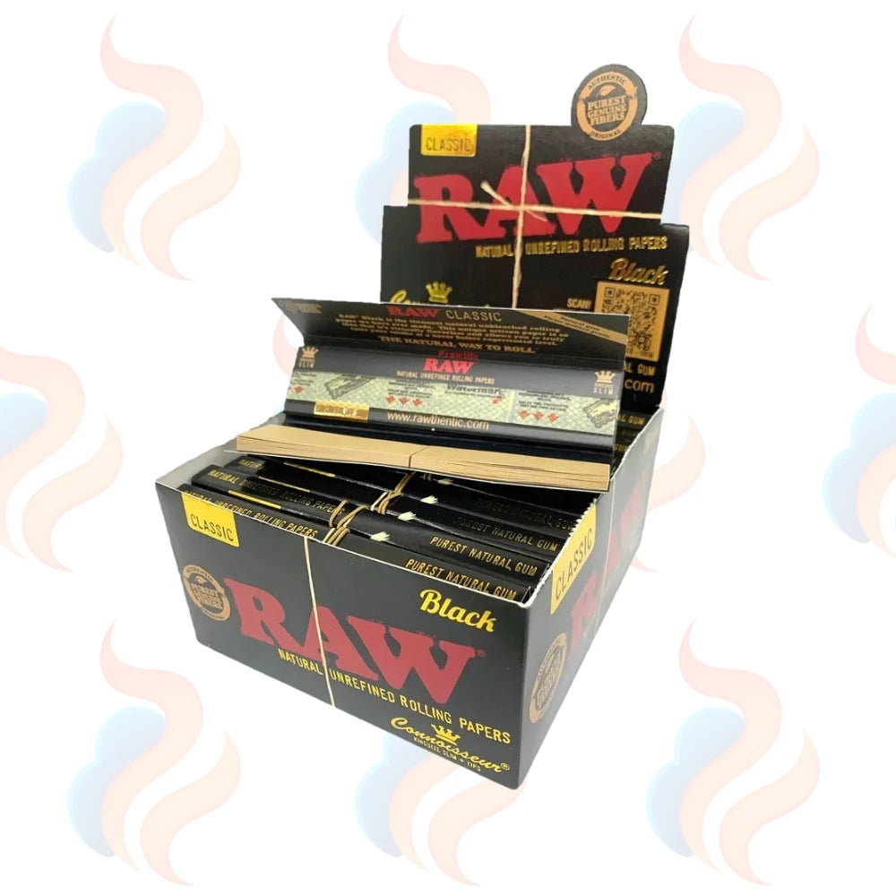 Display box of 24 RAW Black rolling papers with visible branding.