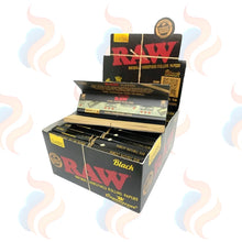 Display box of 24 RAW Black rolling papers with visible branding.
