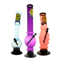 Three Half Baked acrylic bongs in various designs and sizes on a white background