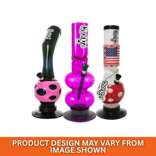 Three colourful 30cm Chongz acrylic waterpipes on a white background