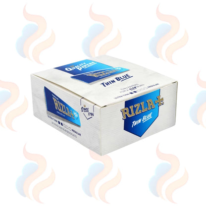 Box of Rizla Thin Blue rolling paper with smoke graphics on a white background