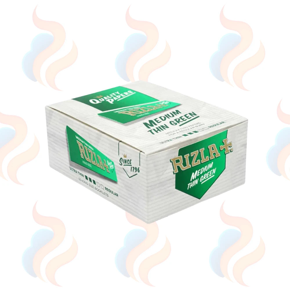 Box of Rizla rolling paper with smoke graphics on a white background