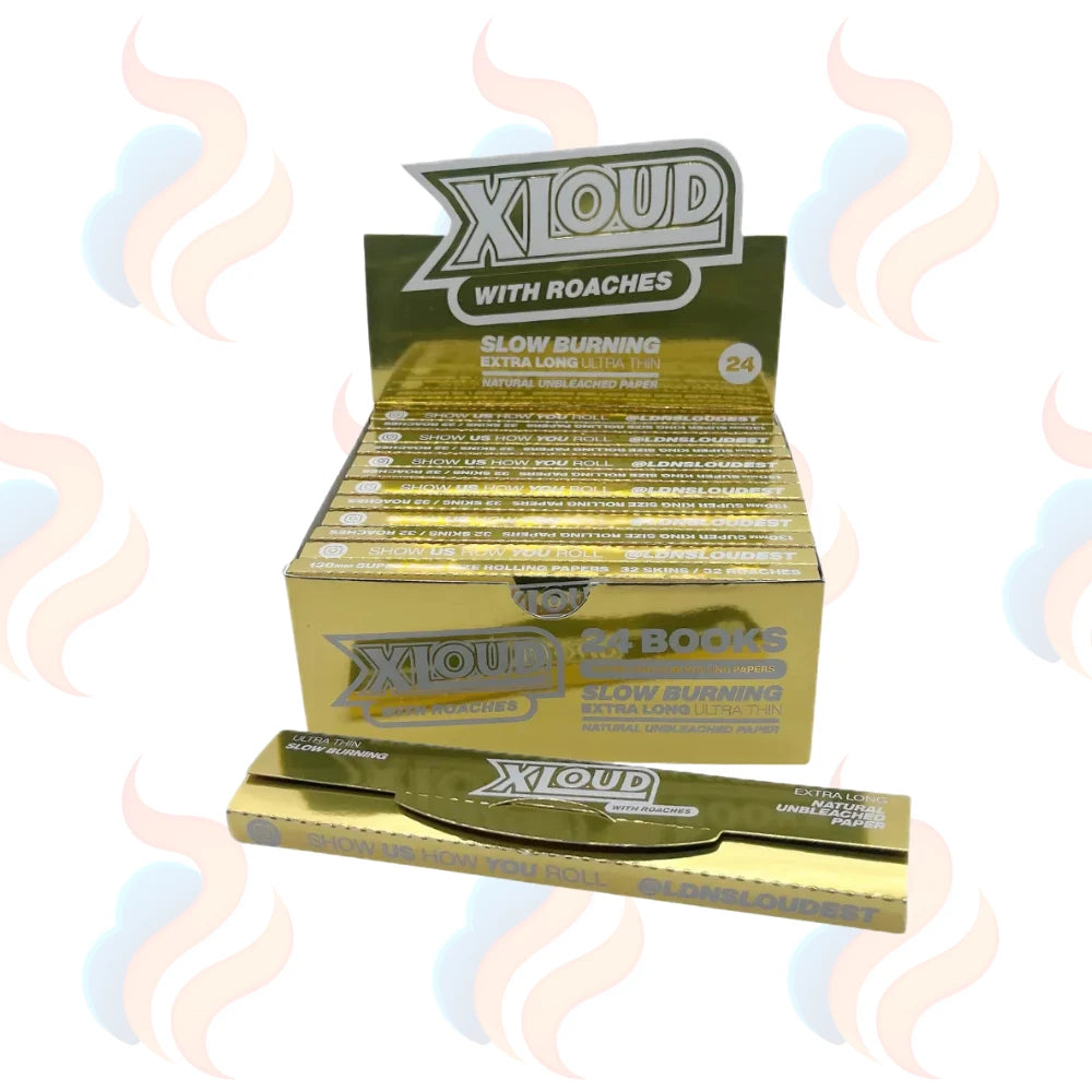 Box of XLOUD rolling papers with smoke effects on a white background