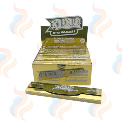 Box of XLOUD rolling papers with smoke effects on a white background