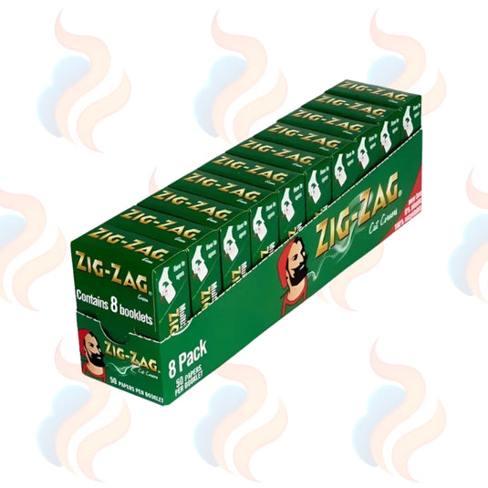 Box of Zig-Zag rolling papers with smoke graphics on a white background
